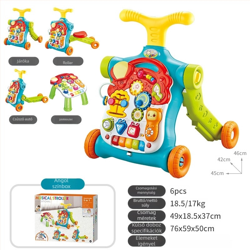 5‑in‑1 multifunkciós babasétáló játék, műanyag kivitel, 0–3 évesek számára