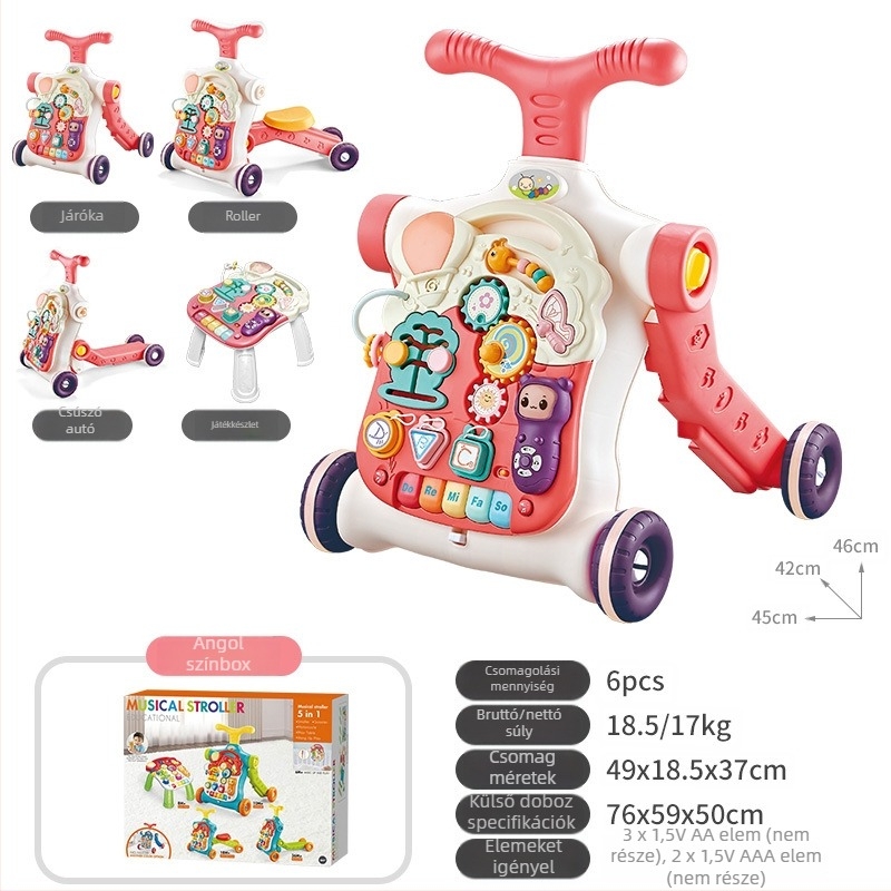 5‑in‑1 multifunkciós babasétáló játék, műanyag kivitel, 0–3 évesek számára