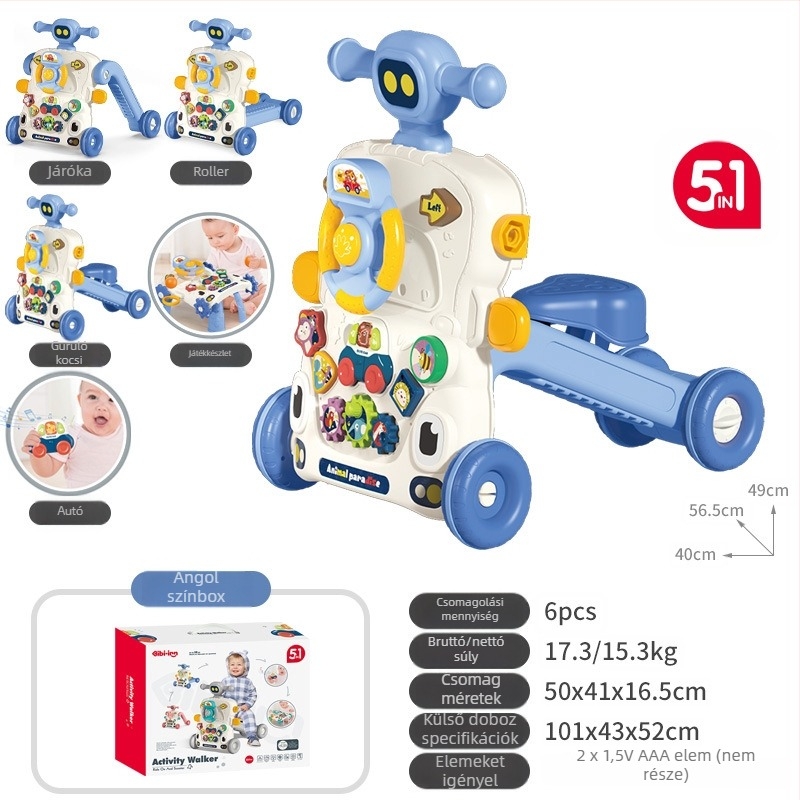 5‑in‑1 multifunkciós babasétáló játék, műanyag kivitel, 0–3 évesek számára