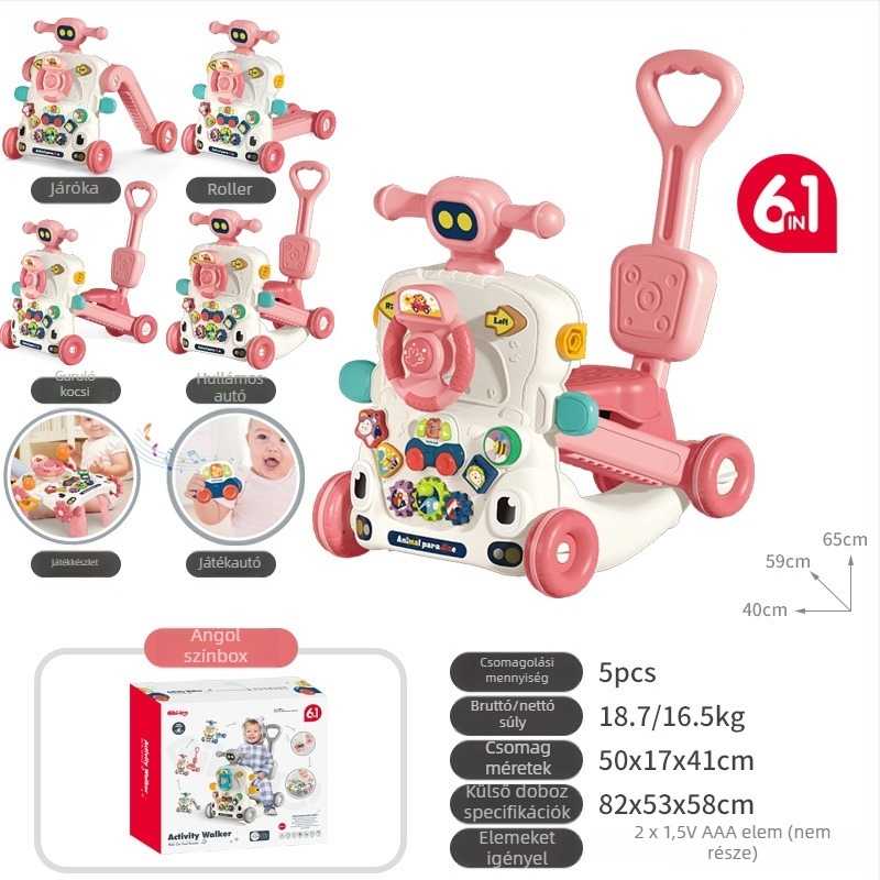 5‑in‑1 multifunkciós babasétáló játék, műanyag kivitel, 0–3 évesek számára