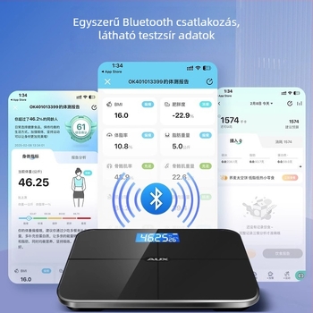 Aux testzsírmérleg LCD kijelzővel, érintéses működés, 0,2–180 kg tartomány, edzett üveg, modell ATZ-30D4C112