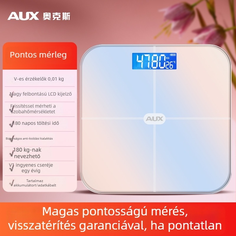 Aux testzsírmérleg LCD kijelzővel, érintéses működés, 0,2–180 kg tartomány, edzett üveg, modell ATZ-30D4C112