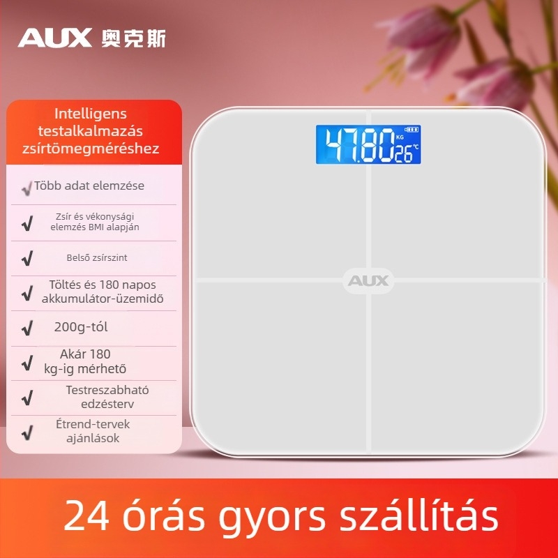 Aux testzsírmérleg LCD kijelzővel, érintéses működés, 0,2–180 kg tartomány, edzett üveg, modell ATZ-30D4C112
