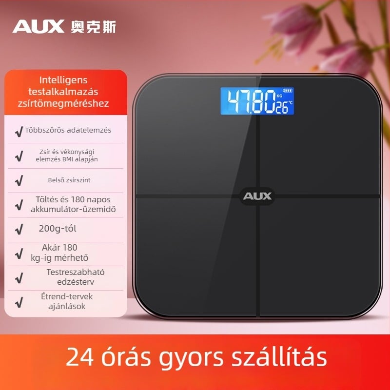 Aux testzsírmérleg LCD kijelzővel, érintéses működés, 0,2–180 kg tartomány, edzett üveg, modell ATZ-30D4C112