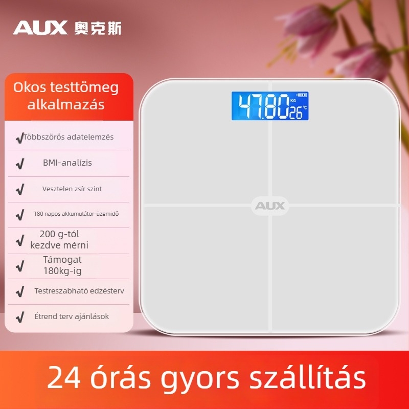 Aux testzsírmérleg LCD kijelzővel, érintéses működés, 0,2–180 kg tartomány, edzett üveg, modell ATZ-30D4C112