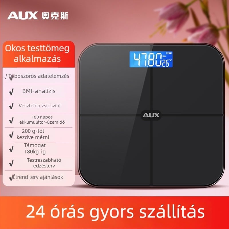 Aux testzsírmérleg LCD kijelzővel, érintéses működés, 0,2–180 kg tartomány, edzett üveg, modell ATZ-30D4C112