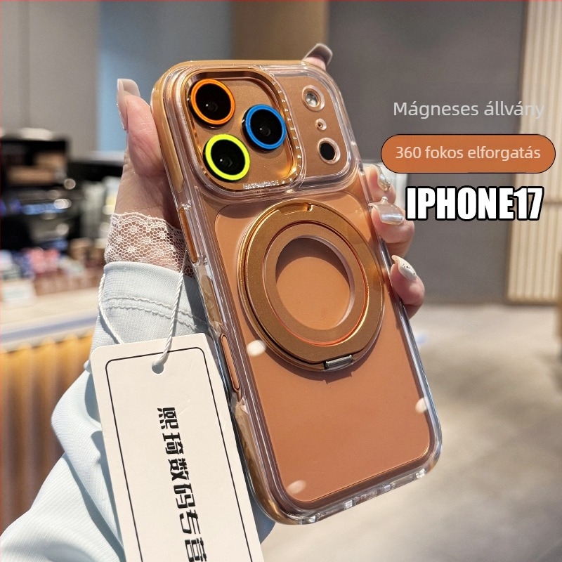 Állványos védőtok iPhone 13–17 Pro/Pro Max készülékekhez, átlátszó hátlappal, ütésálló, fém csukló