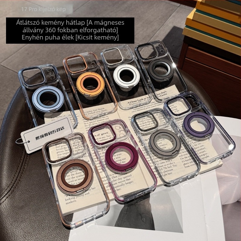 Állványos védőtok iPhone 13–17 Pro/Pro Max készülékekhez, átlátszó hátlappal, ütésálló, fém csukló