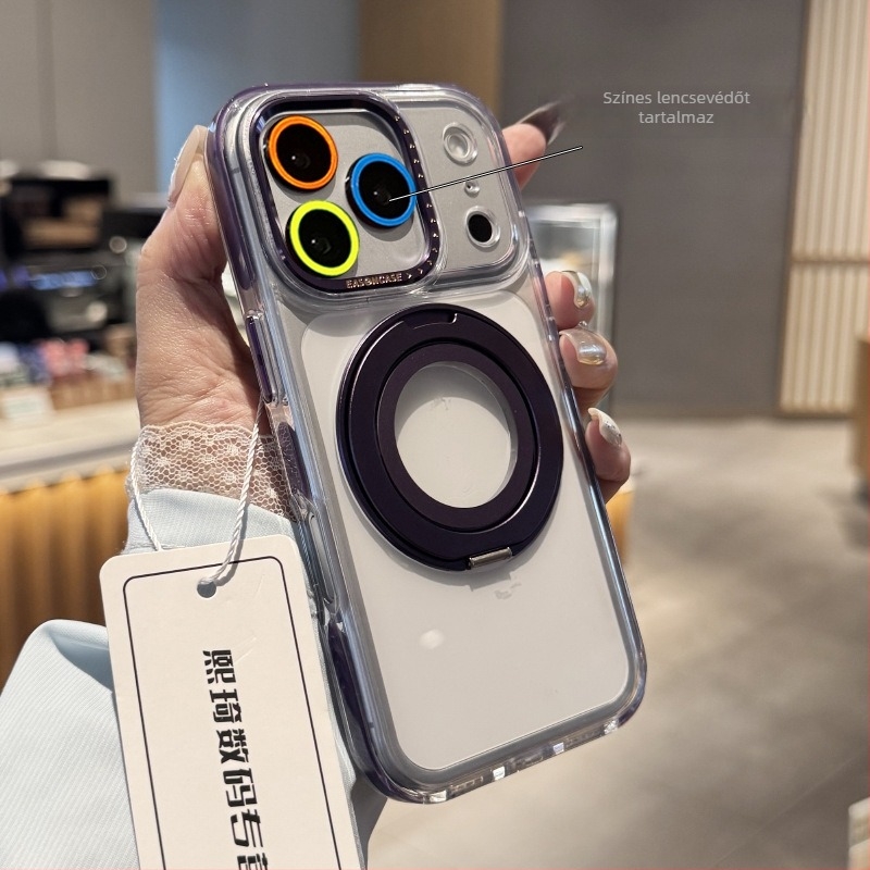Állványos védőtok iPhone 13–17 Pro/Pro Max készülékekhez, átlátszó hátlappal, ütésálló, fém csukló