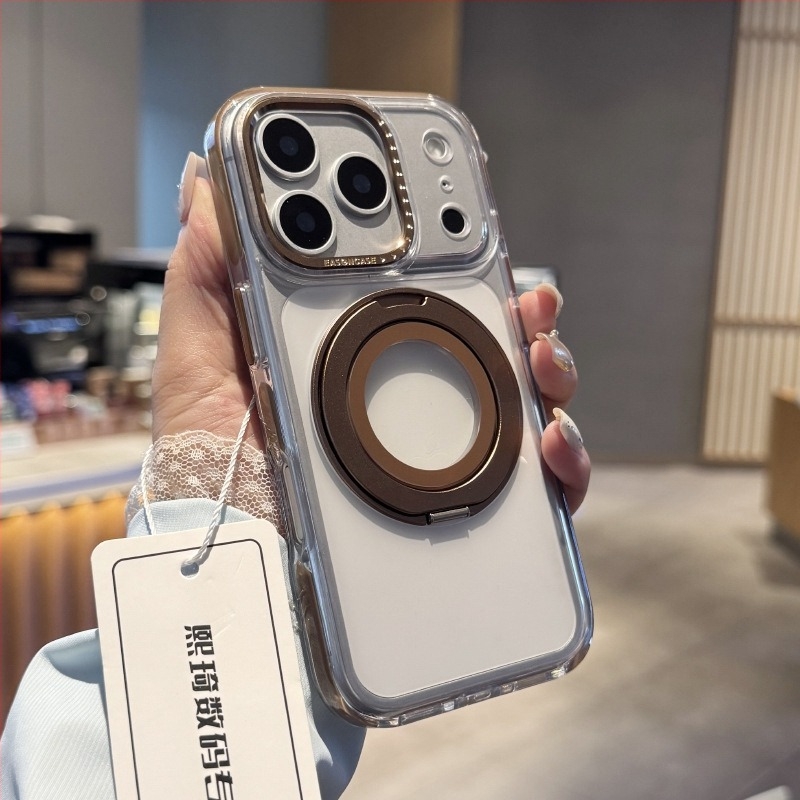 Állványos védőtok iPhone 13–17 Pro/Pro Max készülékekhez, átlátszó hátlappal, ütésálló, fém csukló