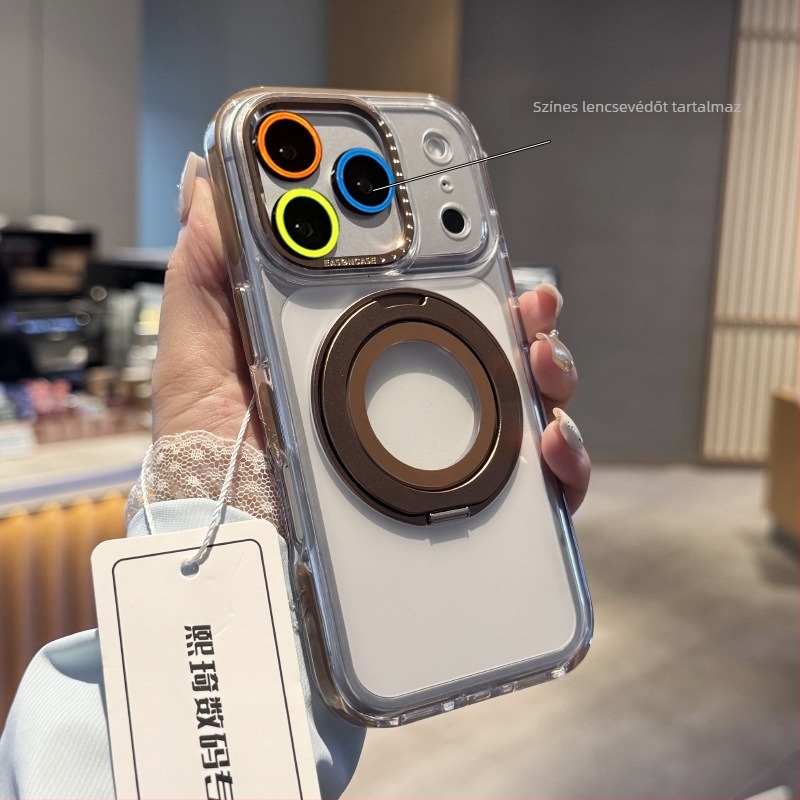 Állványos védőtok iPhone 13–17 Pro/Pro Max készülékekhez, átlátszó hátlappal, ütésálló, fém csukló