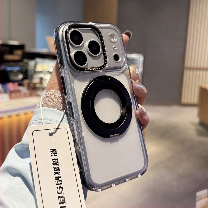 Állványos védőtok iPhone 13–17 Pro/Pro Max készülékekhez, átlátszó hátlappal, ütésálló, fém csukló