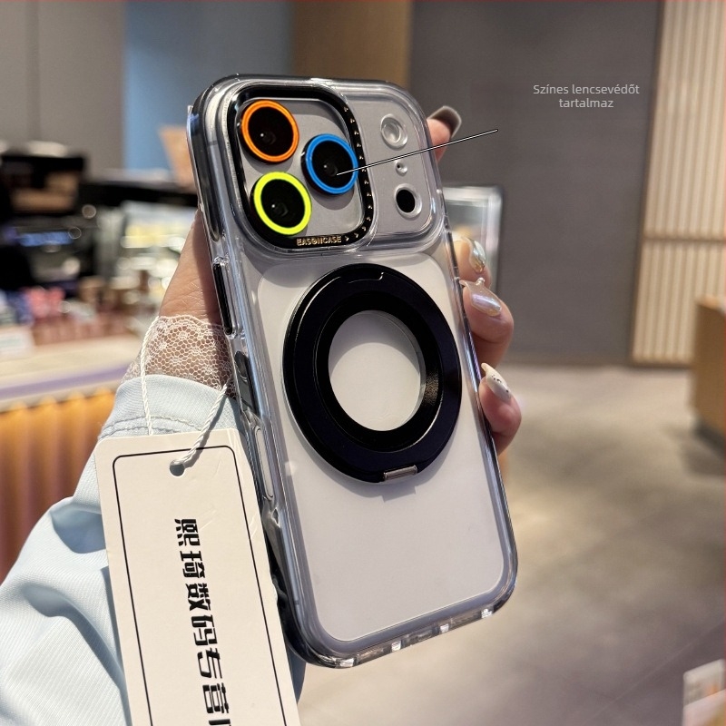 Állványos védőtok iPhone 13–17 Pro/Pro Max készülékekhez, átlátszó hátlappal, ütésálló, fém csukló