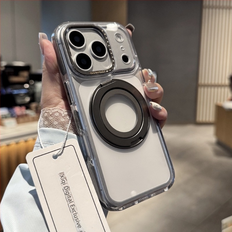 Állványos védőtok iPhone 13–17 Pro/Pro Max készülékekhez, átlátszó hátlappal, ütésálló, fém csukló
