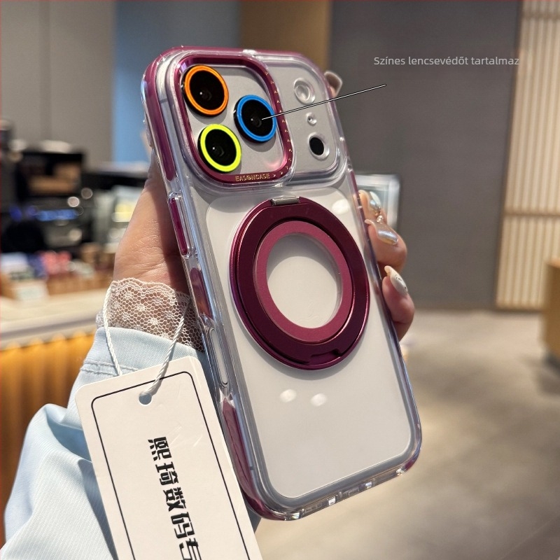 Állványos védőtok iPhone 13–17 Pro/Pro Max készülékekhez, átlátszó hátlappal, ütésálló, fém csukló
