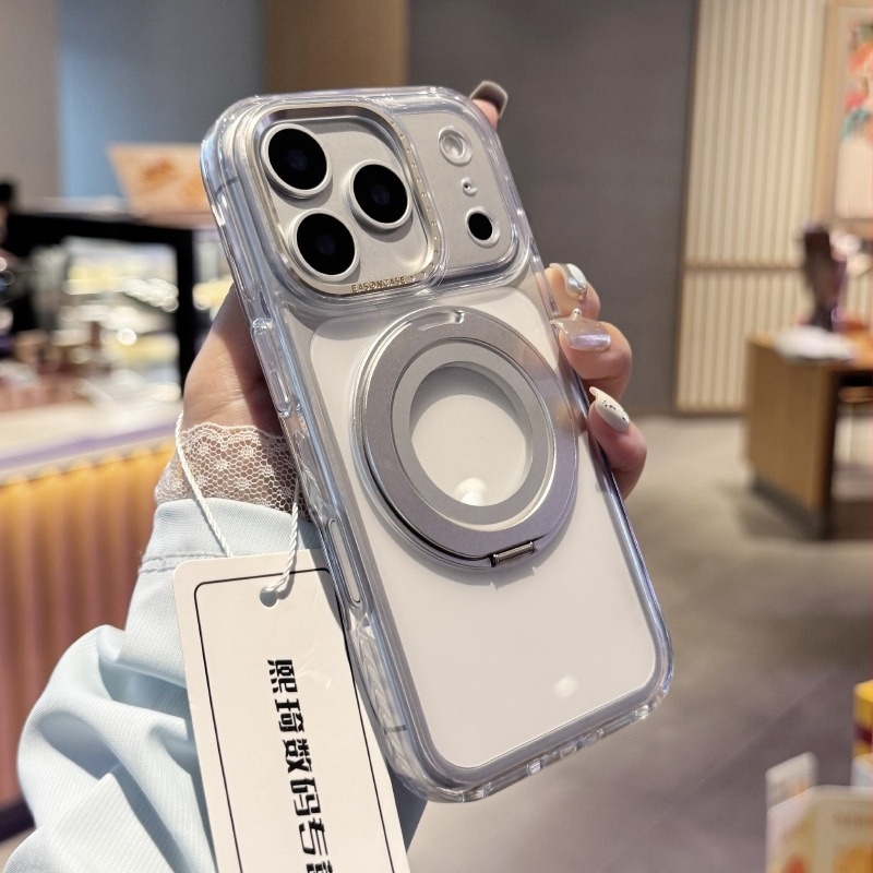 Állványos védőtok iPhone 13–17 Pro/Pro Max készülékekhez, átlátszó hátlappal, ütésálló, fém csukló