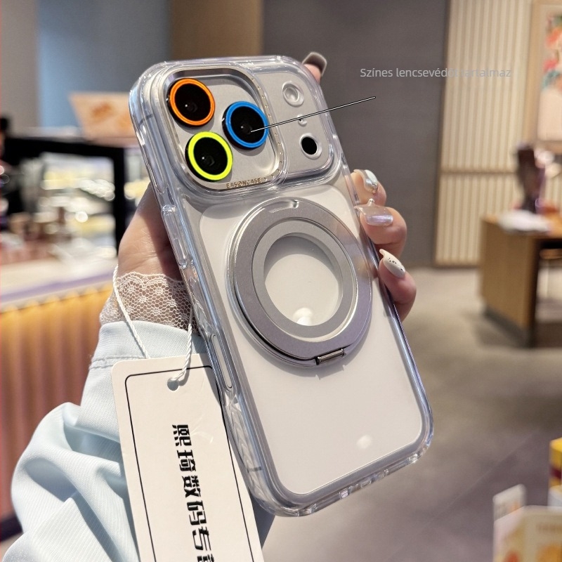 Állványos védőtok iPhone 13–17 Pro/Pro Max készülékekhez, átlátszó hátlappal, ütésálló, fém csukló