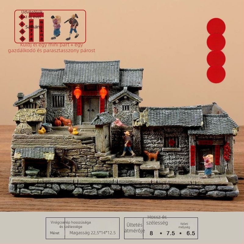 Moha mikrotáj modell: öreg ház gyantából, asztali bonsai dísz, modern kínai stílus