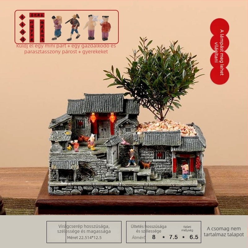 Moha mikrotáj modell: öreg ház gyantából, asztali bonsai dísz, modern kínai stílus