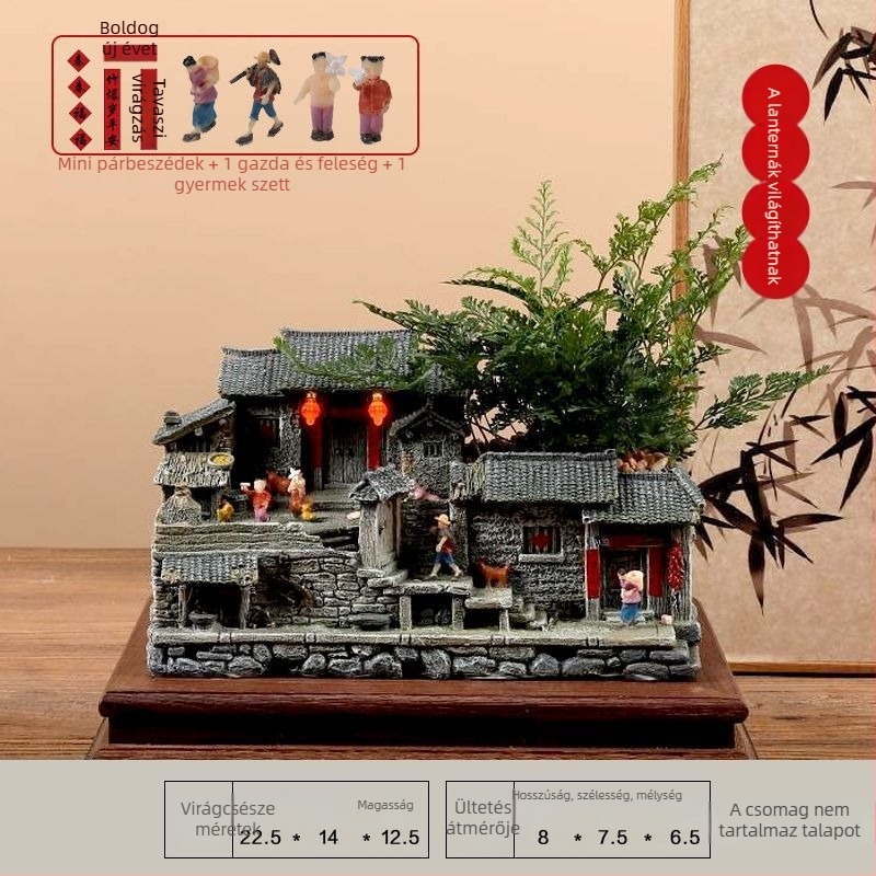 Moha mikrotáj modell: öreg ház gyantából, asztali bonsai dísz, modern kínai stílus