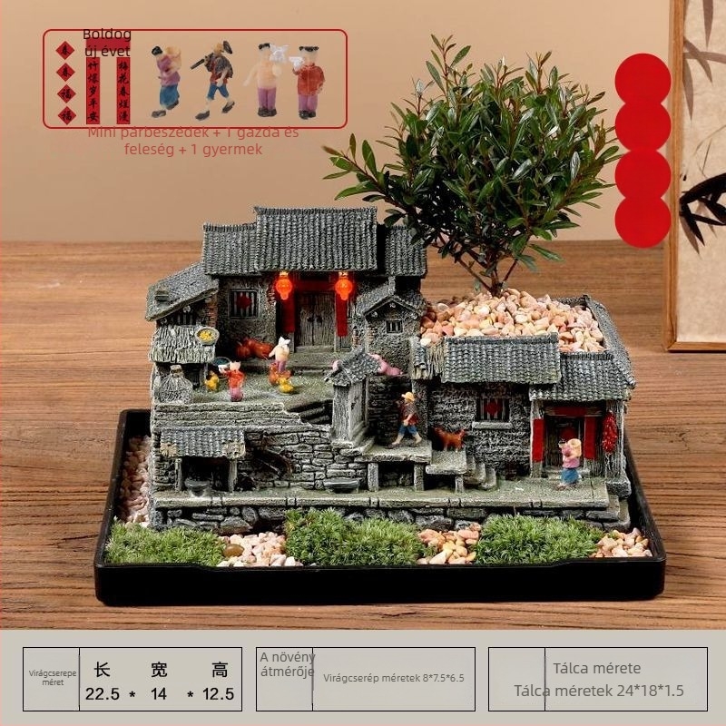 Moha mikrotáj modell: öreg ház gyantából, asztali bonsai dísz, modern kínai stílus