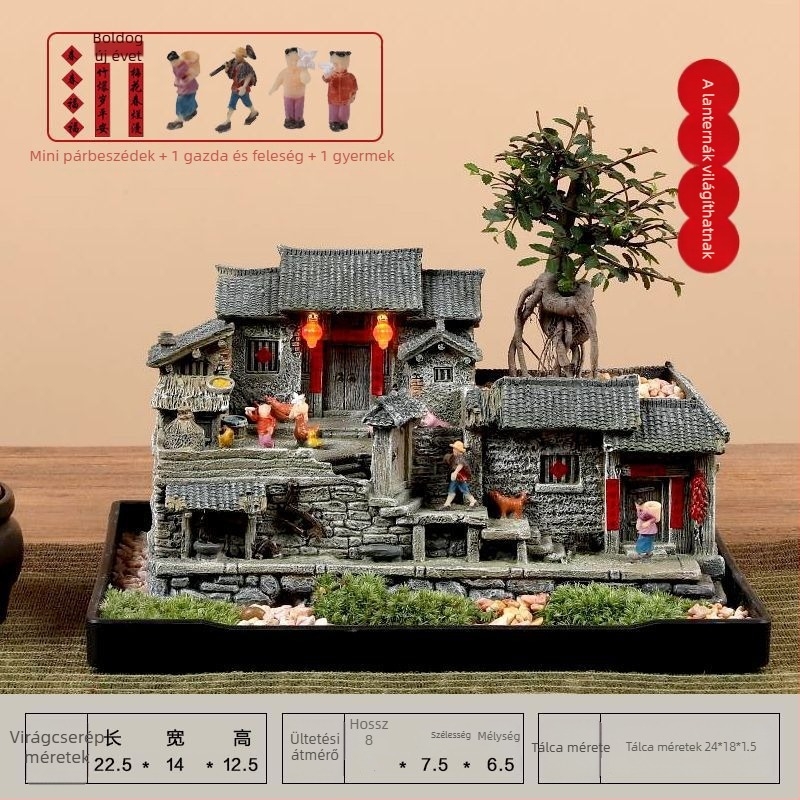 Moha mikrotáj modell: öreg ház gyantából, asztali bonsai dísz, modern kínai stílus