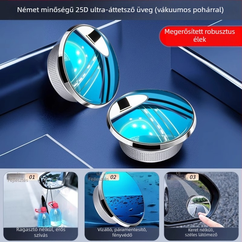 Mairichi autóhátsó nézet kiegészítő – Kör alakú tükör a holttérhez, 360° panorámás széles látószög, vákuumos rögzítés
