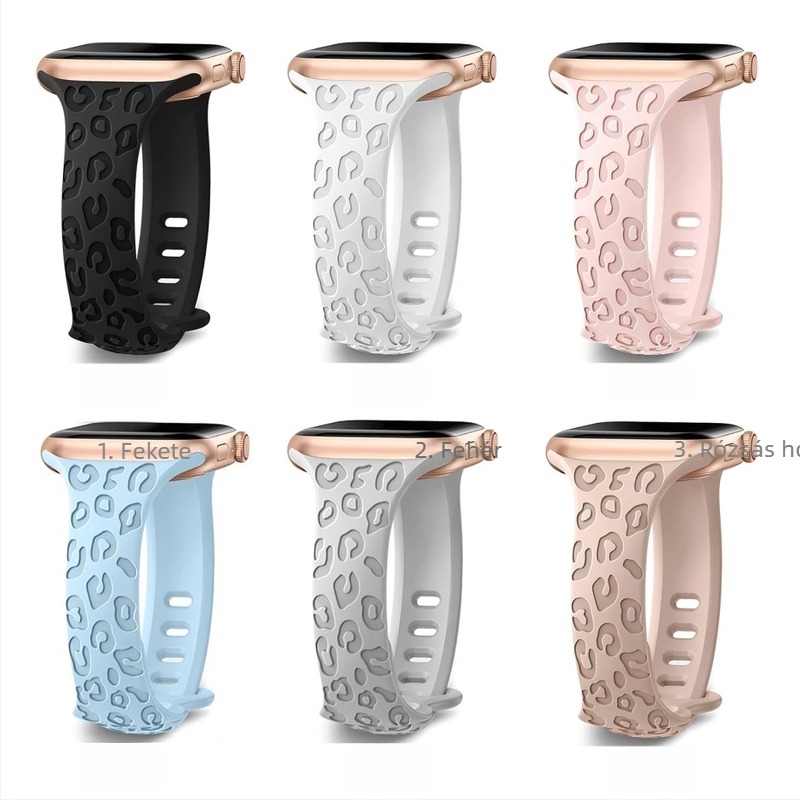 PUBEN szilikon Apple Watch szíj Series 1–8 és S9 kompatibilis, divatos stílus, leopárd mintás