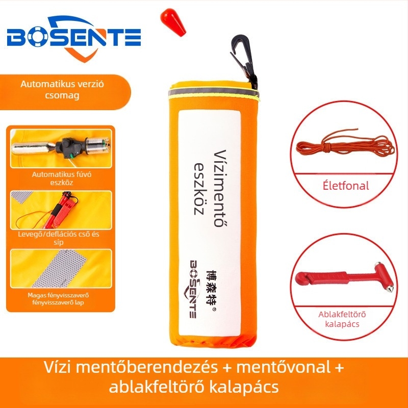 Automatikus felfújható autós életmentő gyűrű ablaktörővel és kalapáccsal, hordozható járműbe szerelt életmentő eszköz