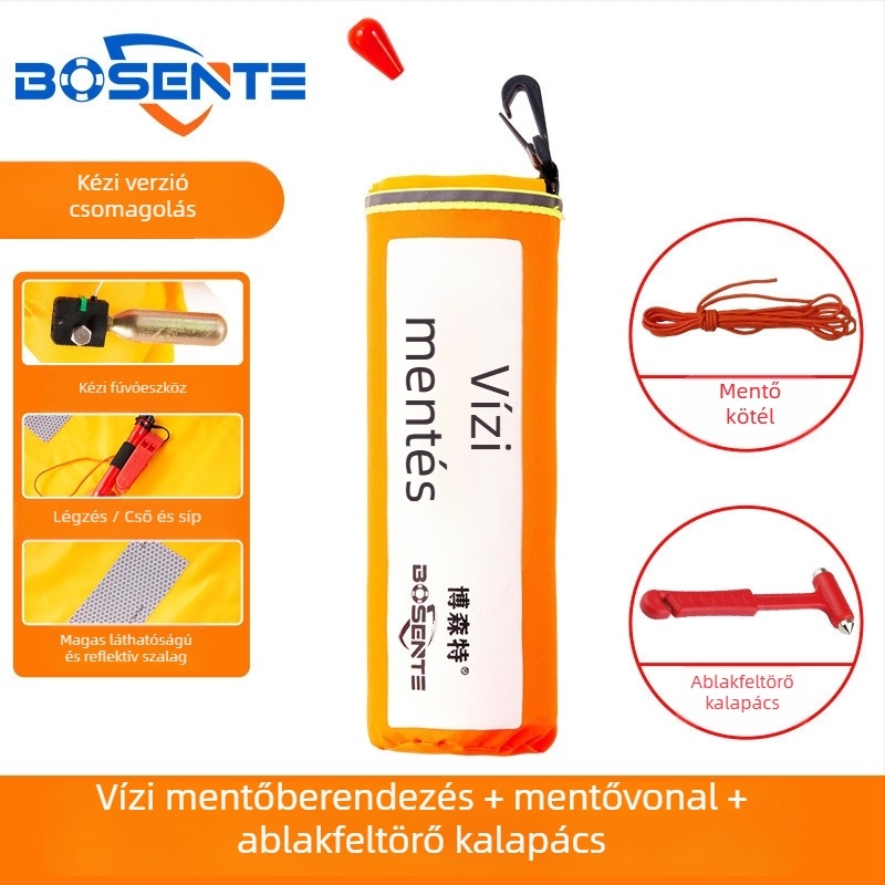 Automatikus felfújható autós életmentő gyűrű ablaktörővel és kalapáccsal, hordozható járműbe szerelt életmentő eszköz