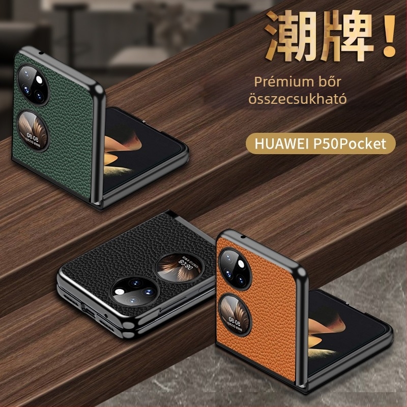 Pocket2 bőrtok Huawei P50shez, hajtogatható védőtok valódi bőrből, mintás textúra