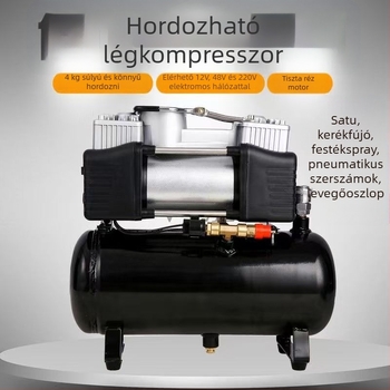 Mini autó guminyomás-szivattyú tartállyal, 12V, 20A, 1 m kábel, 2,5 kg, alkalmas nehéz teherautókra, autókra, kerékpárokra és labdákra