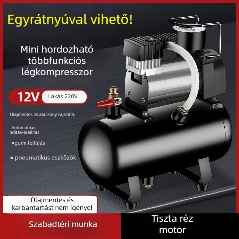 Mini autó guminyomás-szivattyú tartállyal, 12V, 20A, 1 m kábel, 2,5 kg, alkalmas nehéz teherautókra, autókra, kerékpárokra és labdákra