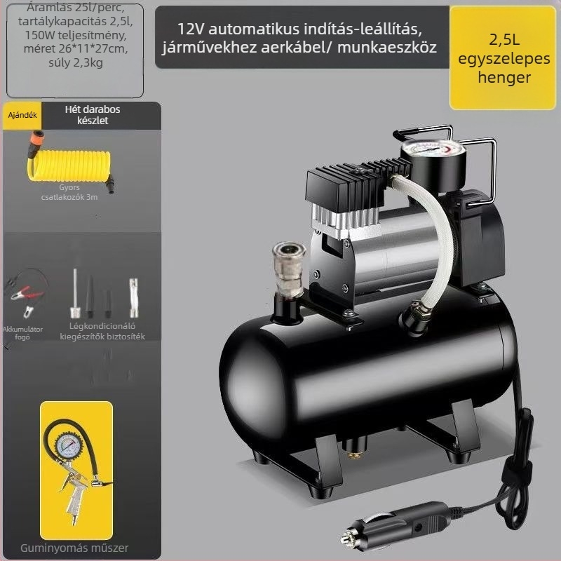 Mini autó guminyomás-szivattyú tartállyal, 12V, 20A, 1 m kábel, 2,5 kg, alkalmas nehéz teherautókra, autókra, kerékpárokra és labdákra