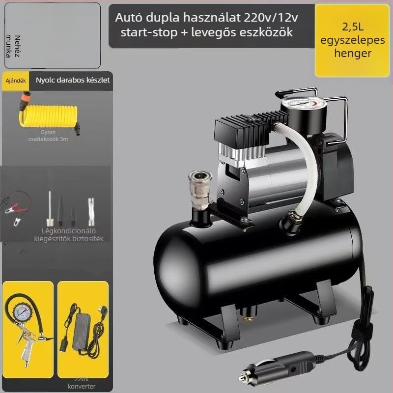 Mini autó guminyomás-szivattyú tartállyal, 12V, 20A, 1 m kábel, 2,5 kg, alkalmas nehéz teherautókra, autókra, kerékpárokra és labdákra