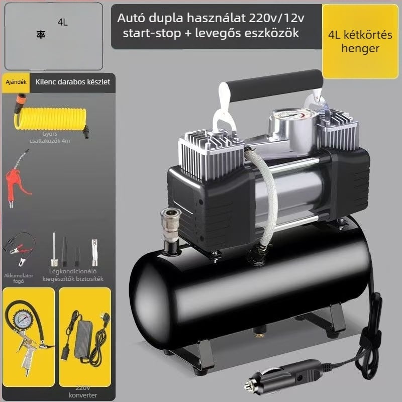 Mini autó guminyomás-szivattyú tartállyal, 12V, 20A, 1 m kábel, 2,5 kg, alkalmas nehéz teherautókra, autókra, kerékpárokra és labdákra