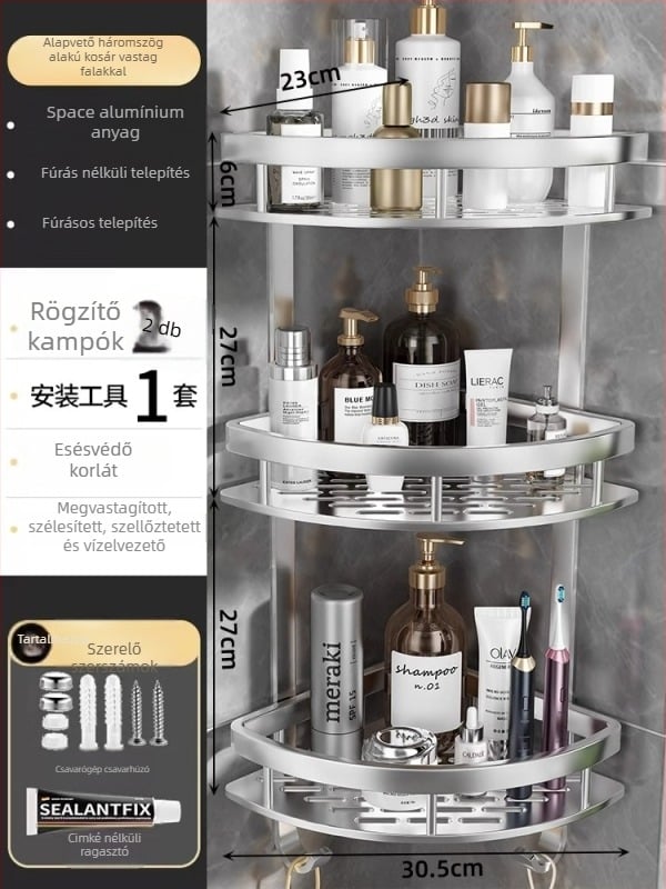 Space Aluminum fürdőszobai sarok háromszög kosár, falra szerelhető, 3 szint