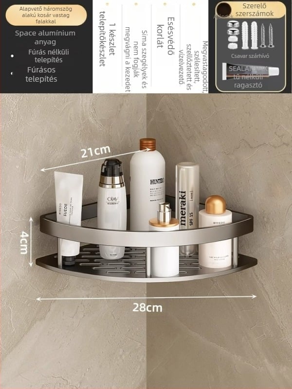Space Aluminum fürdőszobai sarok háromszög kosár, falra szerelhető, 3 szint