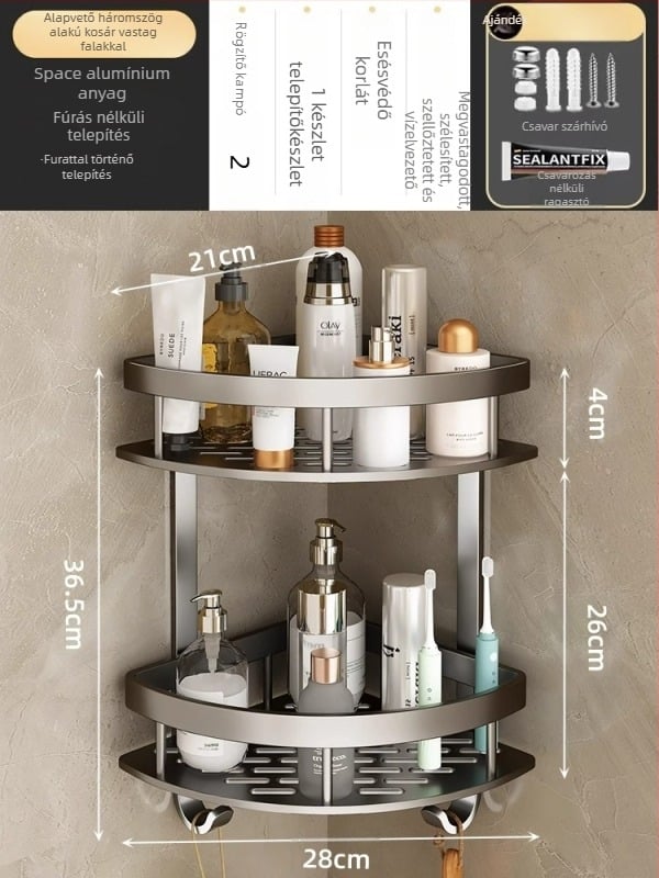 Space Aluminum fürdőszobai sarok háromszög kosár, falra szerelhető, 3 szint