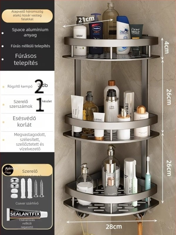 Space Aluminum fürdőszobai sarok háromszög kosár, falra szerelhető, 3 szint