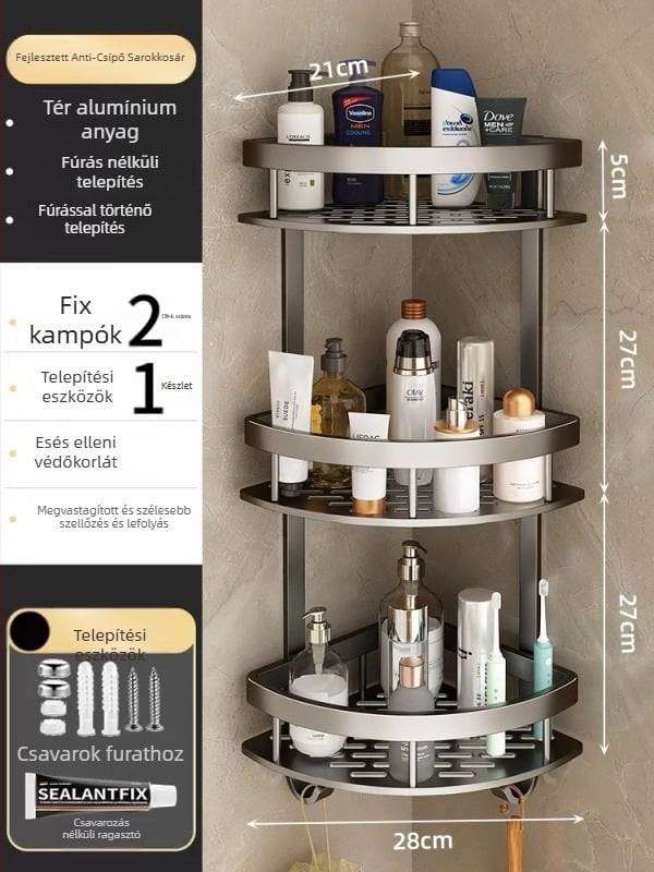 Space Aluminum fürdőszobai sarok háromszög kosár, falra szerelhető, 3 szint