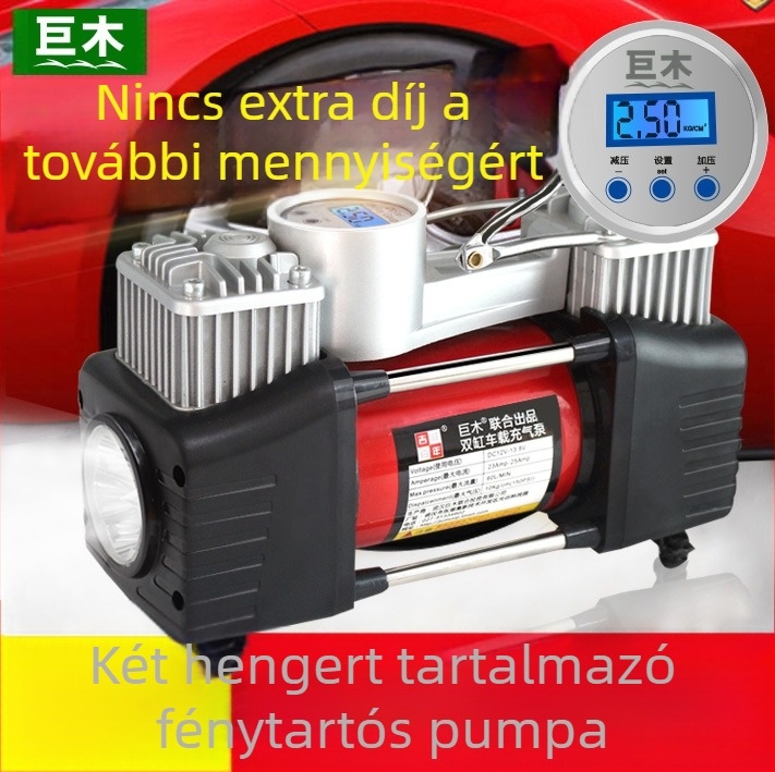 Kéthengeres 12V autó légpumpa digitális kijelzővel, 280W, 70 L/min, 3 m hosszú kábel