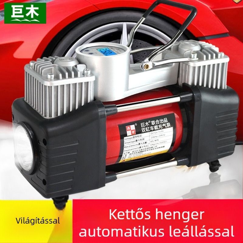 Kéthengeres 12V autó légpumpa digitális kijelzővel, 280W, 70 L/min, 3 m hosszú kábel