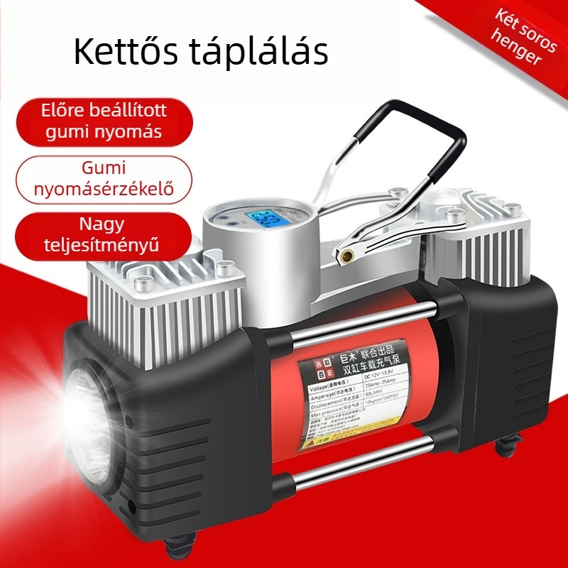 Kéthengeres 12V autó légpumpa digitális kijelzővel, 280W, 70 L/min, 3 m hosszú kábel