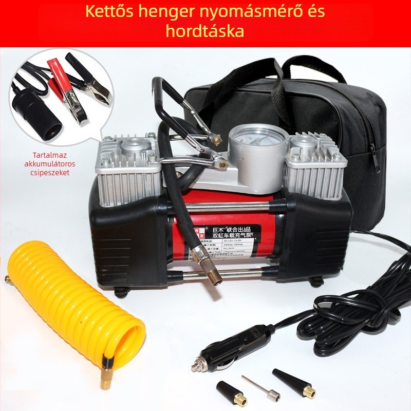 Kéthengeres 12V autó légpumpa digitális kijelzővel, 280W, 70 L/min, 3 m hosszú kábel