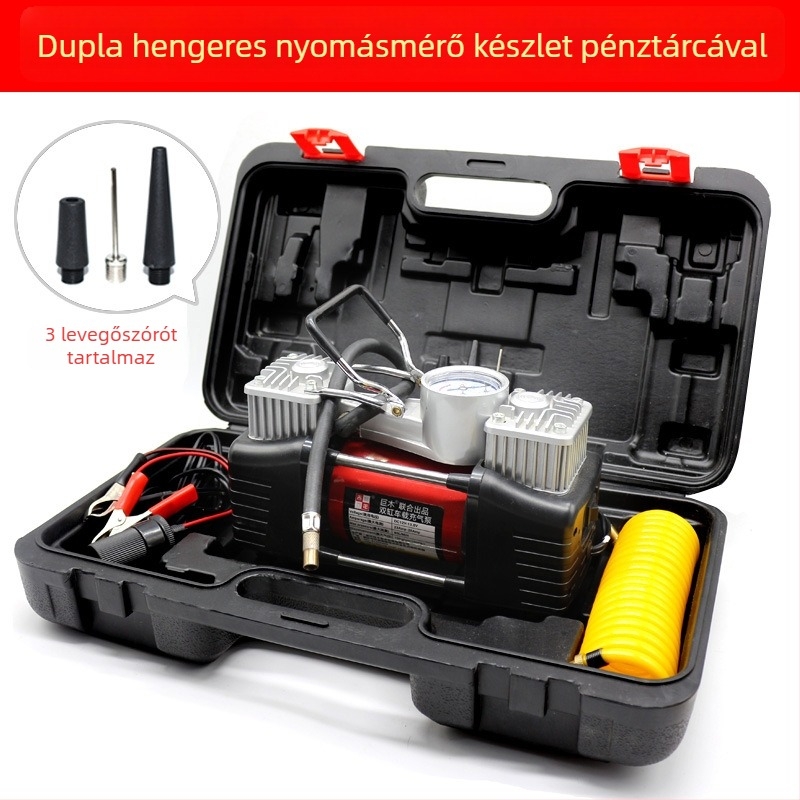 Kéthengeres 12V autó légpumpa digitális kijelzővel, 280W, 70 L/min, 3 m hosszú kábel
