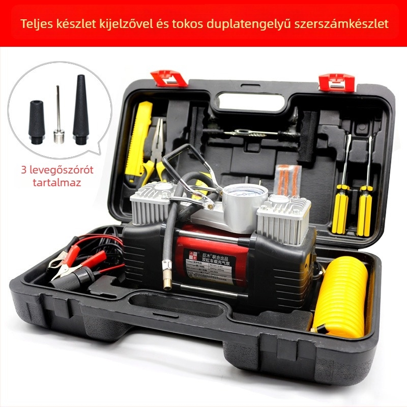 Kéthengeres 12V autó légpumpa digitális kijelzővel, 280W, 70 L/min, 3 m hosszú kábel