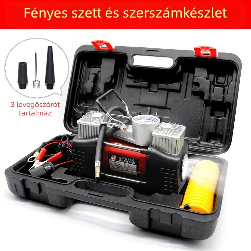 Kéthengeres 12V autó légpumpa digitális kijelzővel, 280W, 70 L/min, 3 m hosszú kábel