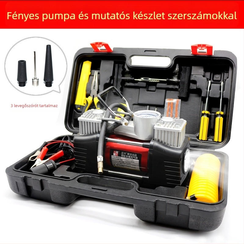 Kéthengeres 12V autó légpumpa digitális kijelzővel, 280W, 70 L/min, 3 m hosszú kábel