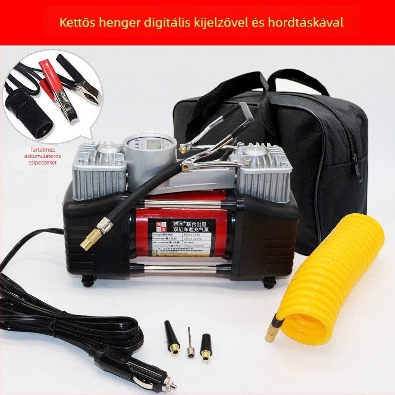 Kéthengeres 12V autó légpumpa digitális kijelzővel, 280W, 70 L/min, 3 m hosszú kábel